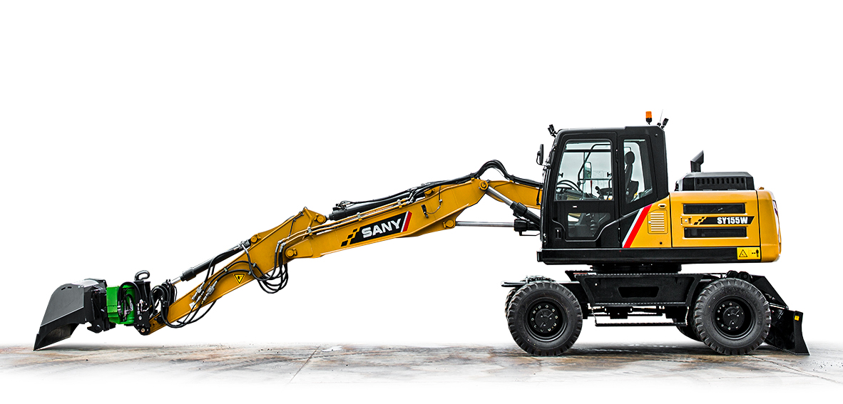 SANY SY 155 W Mobilbagger im Einsatz SANY SY 155 W Mobilbagger / Mobilbagger bei Niklaus Baugeräte mieten