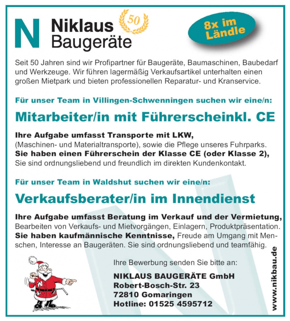 Stellenausschreibung Niklaus Baugeräte in VS und WT Stellenausschreibung Niklaus Baugeräte in VS und WT