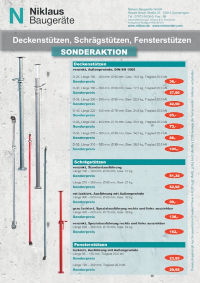 Sonderaktion Stützenbei Niklaus Baugeräte Frühjahr 2020