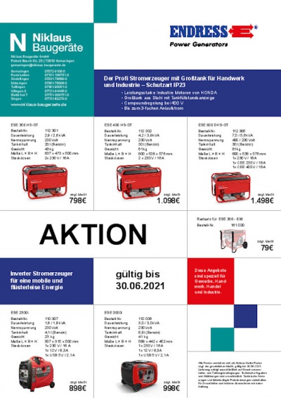 Aktion für Stromerzeuger von Endress bei Niklaus Baugeräte 2021